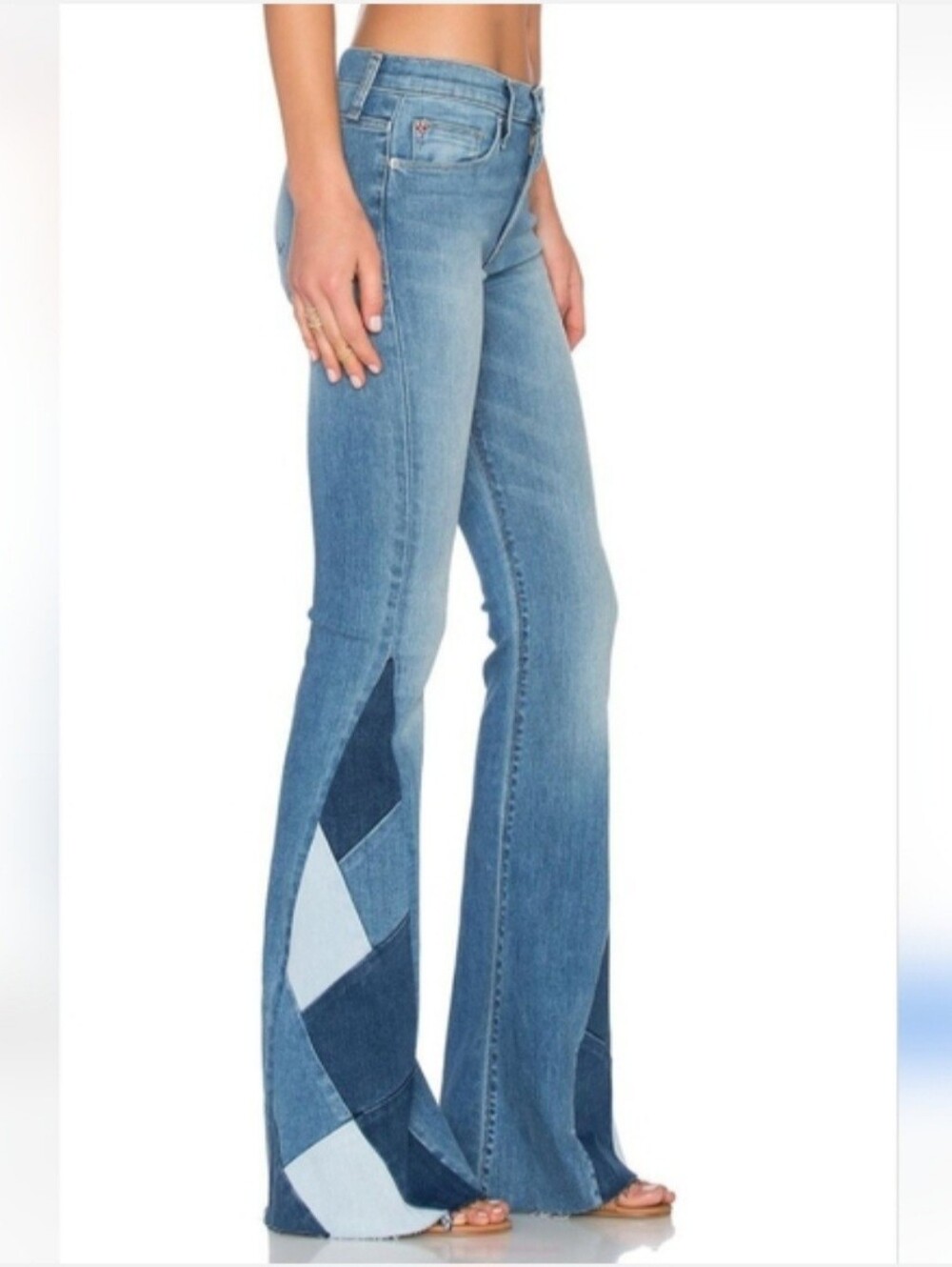 🆕️ Lola Jeans Cynthia Mid Rise Flare 4 Way Stretch Patchwork Denim Jeans Sz 10